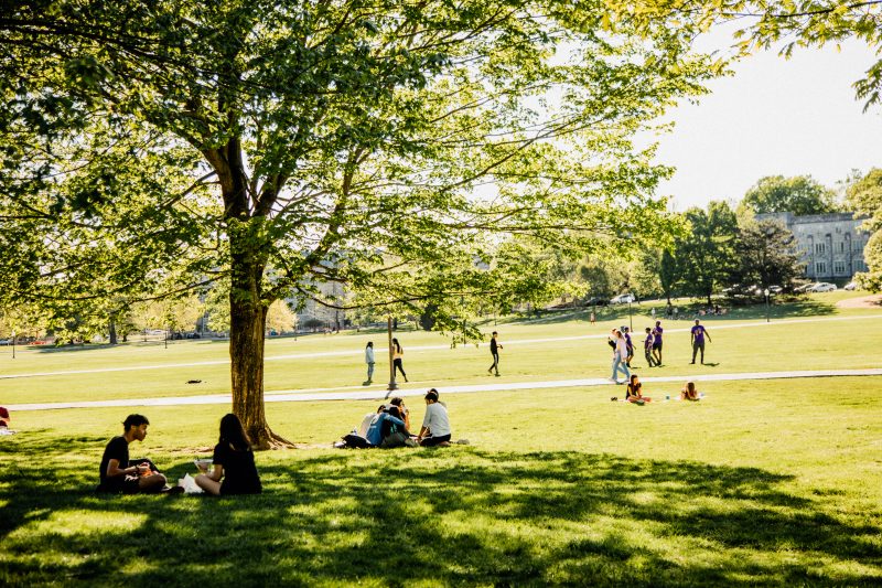 Students relaxing on the drillfield. Photo by Mary Desmond/Virginia Tech Student Affairs